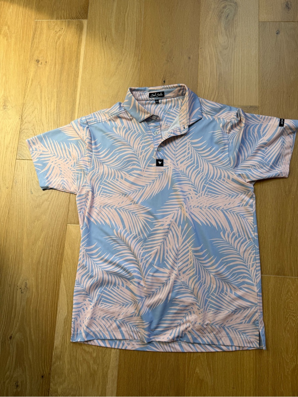 Bad Birdie Light Blue and Pink Palm Print Polo
